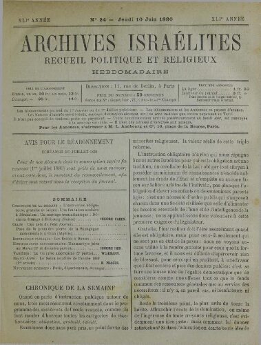 Archives israélites de France. Vol.41 N°24 (10 juin 1880)